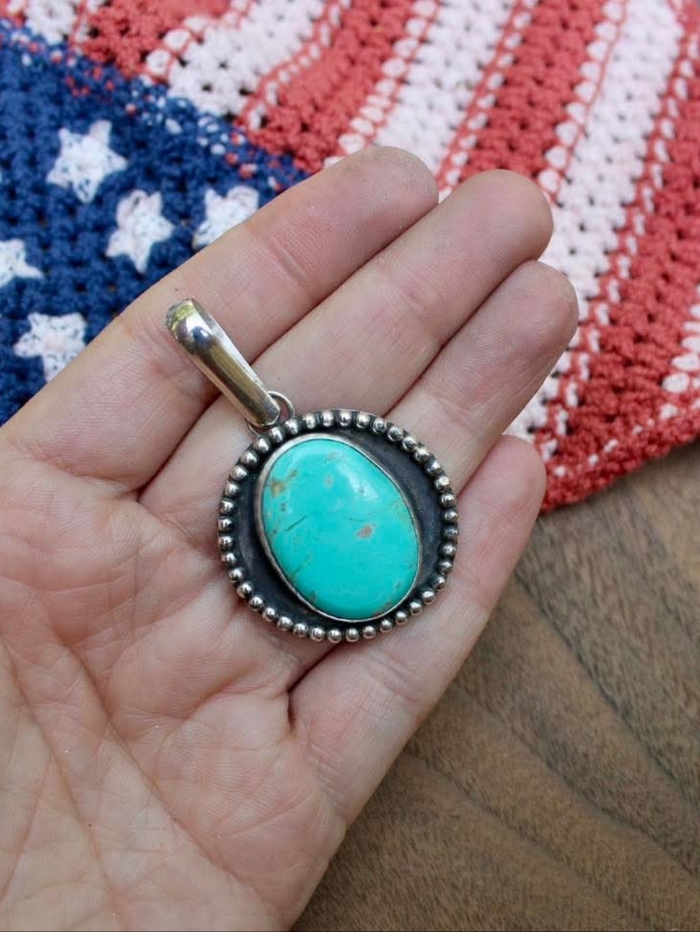 Sterling Silver Kingman Turquoise Oval Pendant - Beaded Edging -Sand Plum Soul